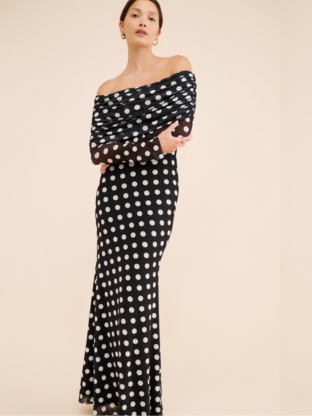 AFRM Thelma Maxi Dress Polka Dot Mesh Off Shoulder Size S